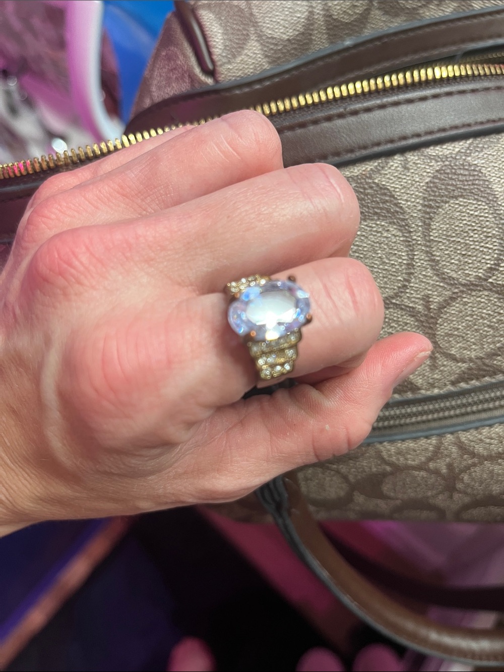 Gold Crystal Statement Ring with Light Blue Center Stone